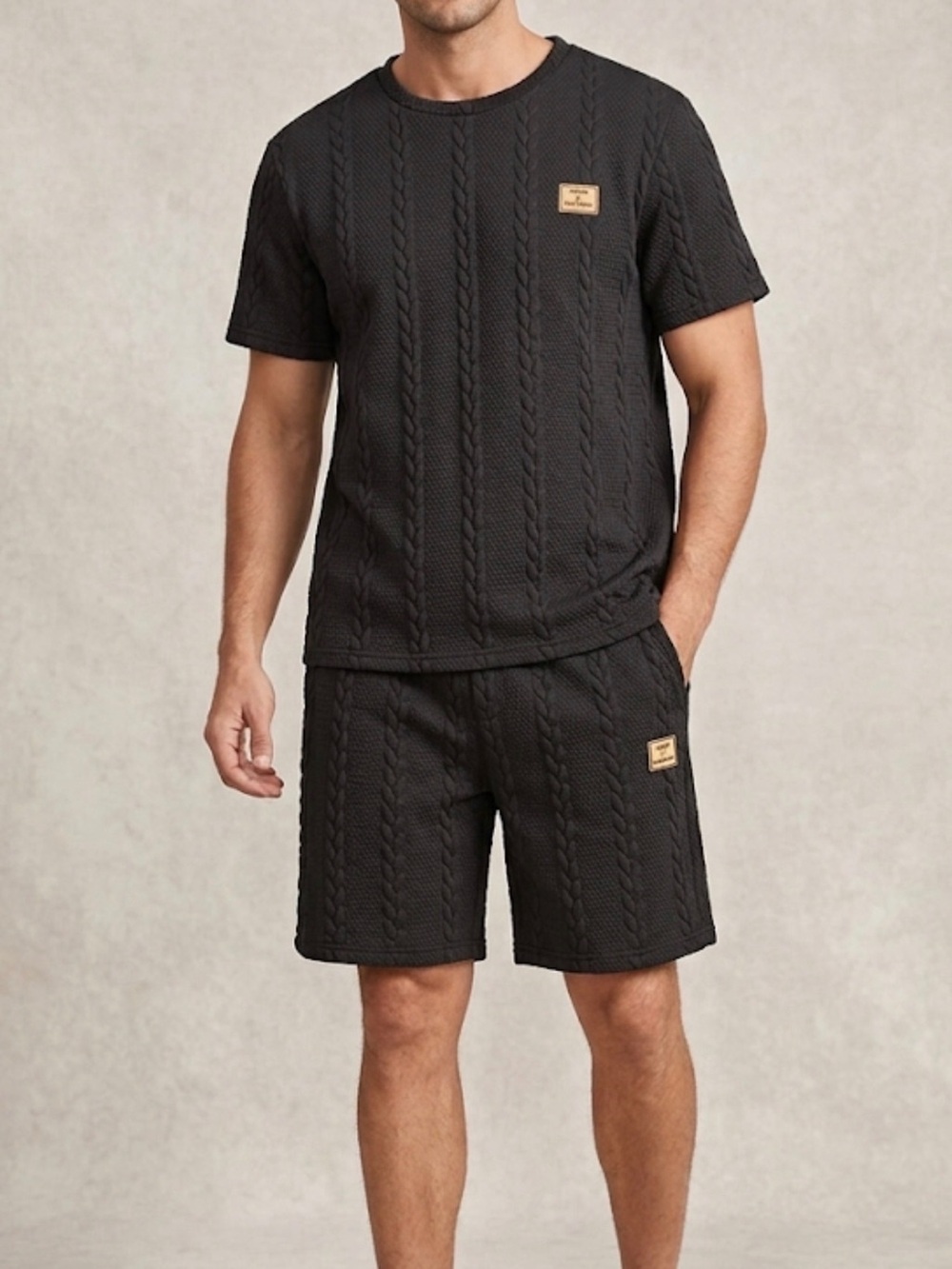Manfinity Black Textured Cable Knit Matching Set Large